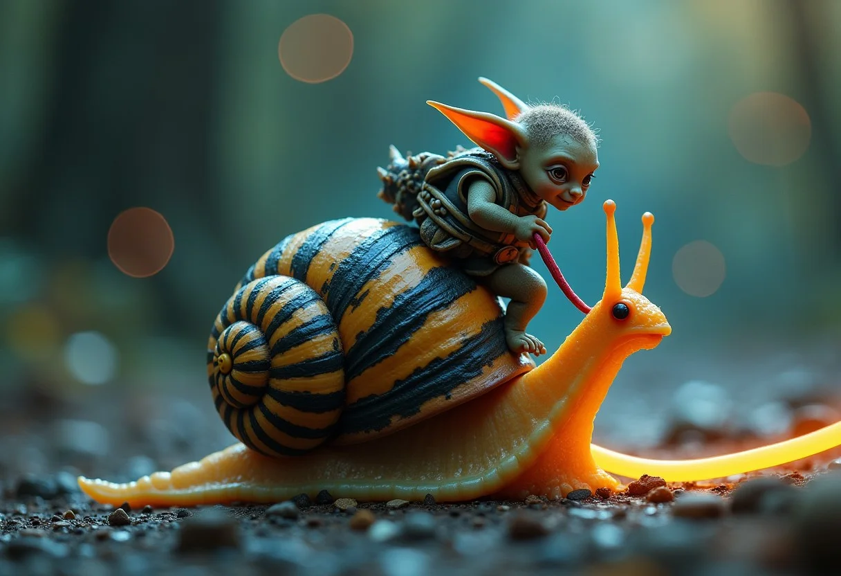 a tiny goblin jockey riding on the back of a giant snail, neon reins,the snail's shell is striped black and yellow, slime trail, neon bokeh, in the style of a fantasy painting