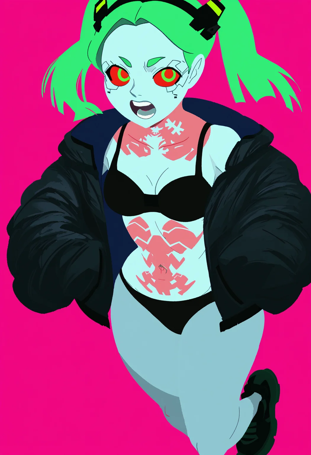 score_9, score_8_up, score_7_up, score_6_up, score_5_up, score_4_up, BREAK
flat color, no lineart, 1girl, breasts, solo, tattoo, jacket, colored sclera, underwear, bra, colored skin, green hair, black bra, open mouth, panties, black panties, navel, long hair, red eyes, medium breasts, looking at viewer, thighs, black footwear, open clothes, teeth, cleavage, twintails, collarbone, rebecca \(cyberpunk\), simple background, pink background,