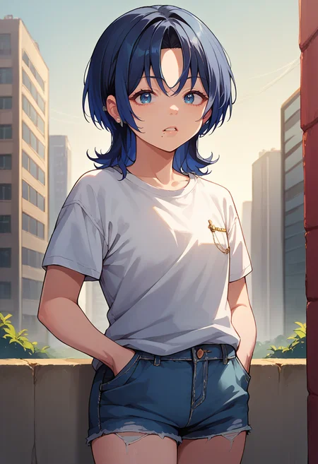 score_9, score_8_up, source_anime, 1girl, solo, HiodoshiAo, medium hair, parted bangs, mole under mouth, earrings, t-shirt, denim shorts, standing, outdoors, city, hands in pockets, <lora:ChamHiodoshiAoPonyXL:1>