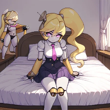 score_9, score_8_up, score_7_up, 1 girl,
Pixel_Art,
PivotSDXL,1girl,long hair,skirt,blonde hair,ponytail,necktie,pink eyes,side ponytail,colored skin,robot,android,joints,robot joints,
bedroom, in bed, bottomless,