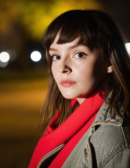 score_9, score_8_up, score_7_up, solo, lauren mayberry, looking at viewer, wearing a jacket, red scarf, upper body shot, in a park, at night,  Bokeh, Golden Hour, raw ,  <lora:dmd2_sdxl_4step_lora_fp16:1> <lora:lauren_mayberry-bl16-000040:1>