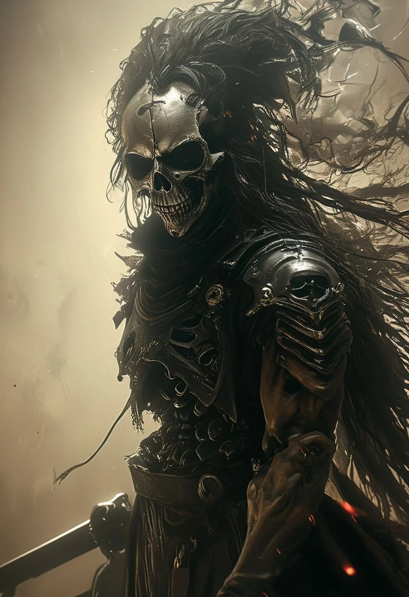 photorealistic, assassinkahb style, amazing quality, masterpiece, best quality, hyper detailed, ultra detailed, UHD, perfect anatomy, portrait, dof, hyper-realism, majestic, awesome, inspiring, Create a close-up image of a cyberpunk Cyborg Samurai skeleton assassin wearing a black biker leather jacket with a high collar. Large sss sedge hat, His long, disheveled long hair blows in the wind. (long-hair:1.4) The skeletal face grins directly at the camera with a menacingly evil expression., atmospheric haze, cinematic composition, soft shadows, very detailed, hd, RAW photograph, masterpiece, top quality, best quality, official art,highest detailed, atmospheric lighting, cinematic composition, complex multiple subjects, 4k HDR, vibrant, highly detailed, Leica Q2 with Summilux 35mm f/1.2 ASPH, Ultra High Resolution, wallpaper, 8K, Rich texture details, hyper detailed, detailed eyes, detailed background, epic composition, high quality , (8k, RAW photo, highest quality), hyperrealistic,