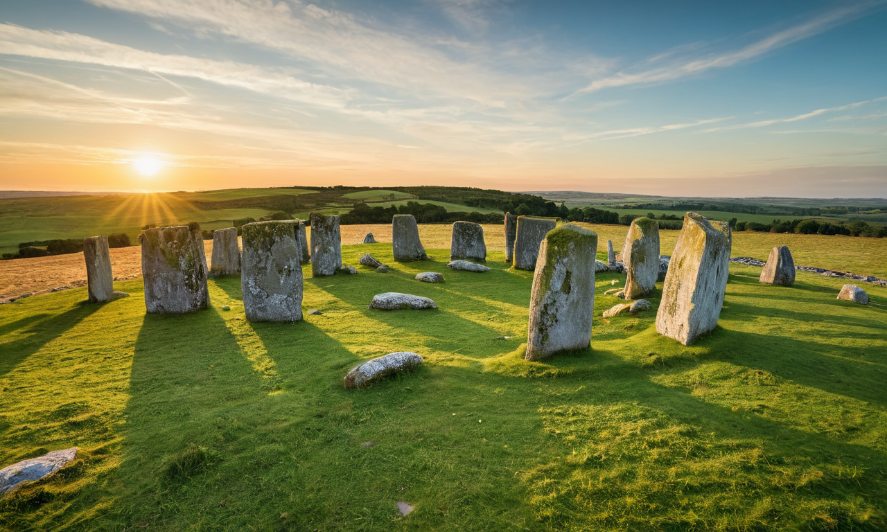 cinematic photo of a ancient small stone circle , (Stonehenge:0.8),  Ireland,  golden hour,   sunlight illuminating green hills, extremely high quality RAW photograph, highly detailed textures, ultra detailed photograph, <lora:add-detail-xl:0.4>, <lora:Landscape_Master:0.8>, grain, 35mm
