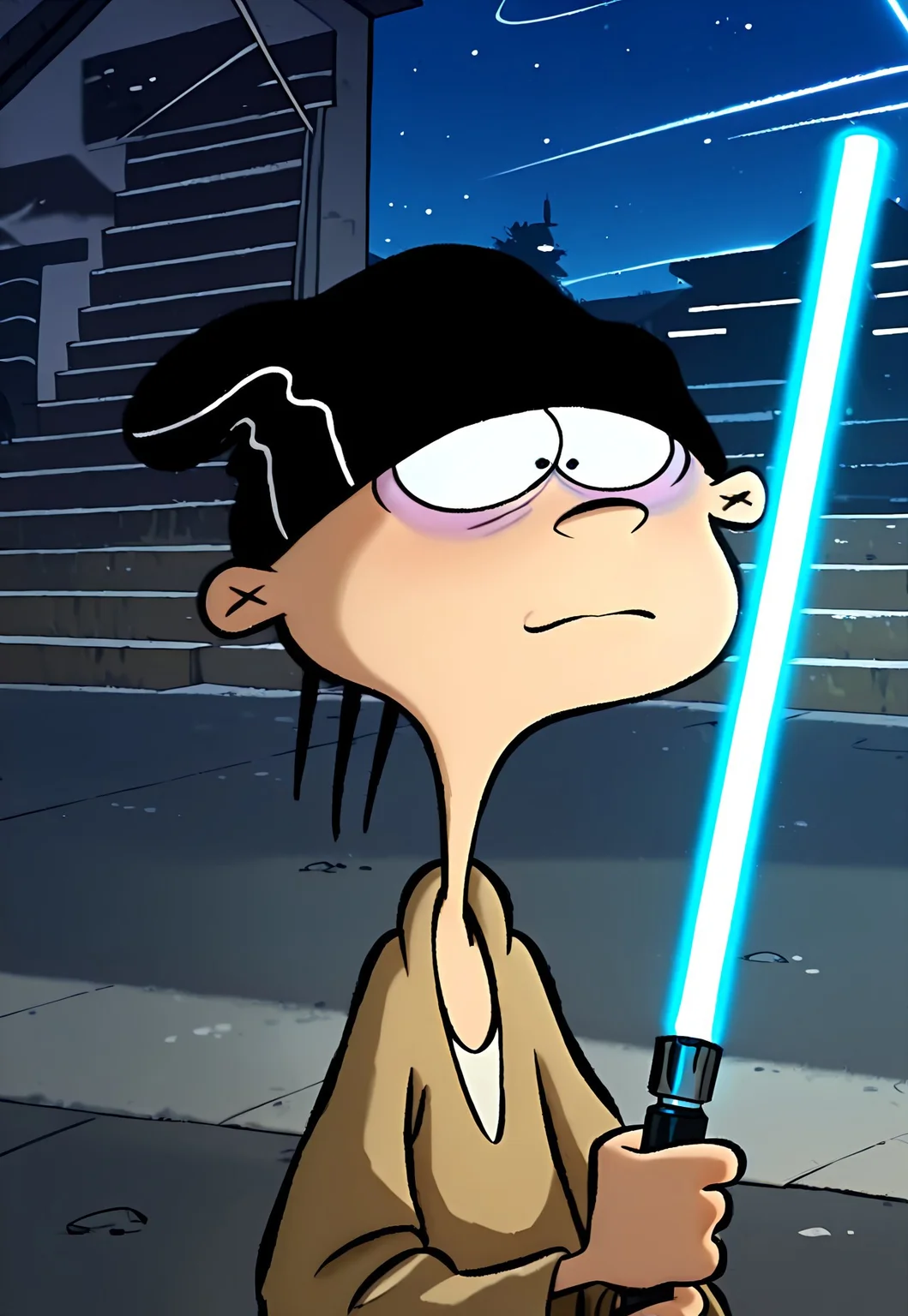 Masterpiece, best quality, 8k, newest, absurdres, highly detailed, 1boy, solo, eddboi, sockhead, white sclera, black pupils, brown jedi knight robe, smooth black beanie hat, holding blue lightsaber, star wars city background, detailed background, thick lightsaber, worried expression, closeup,