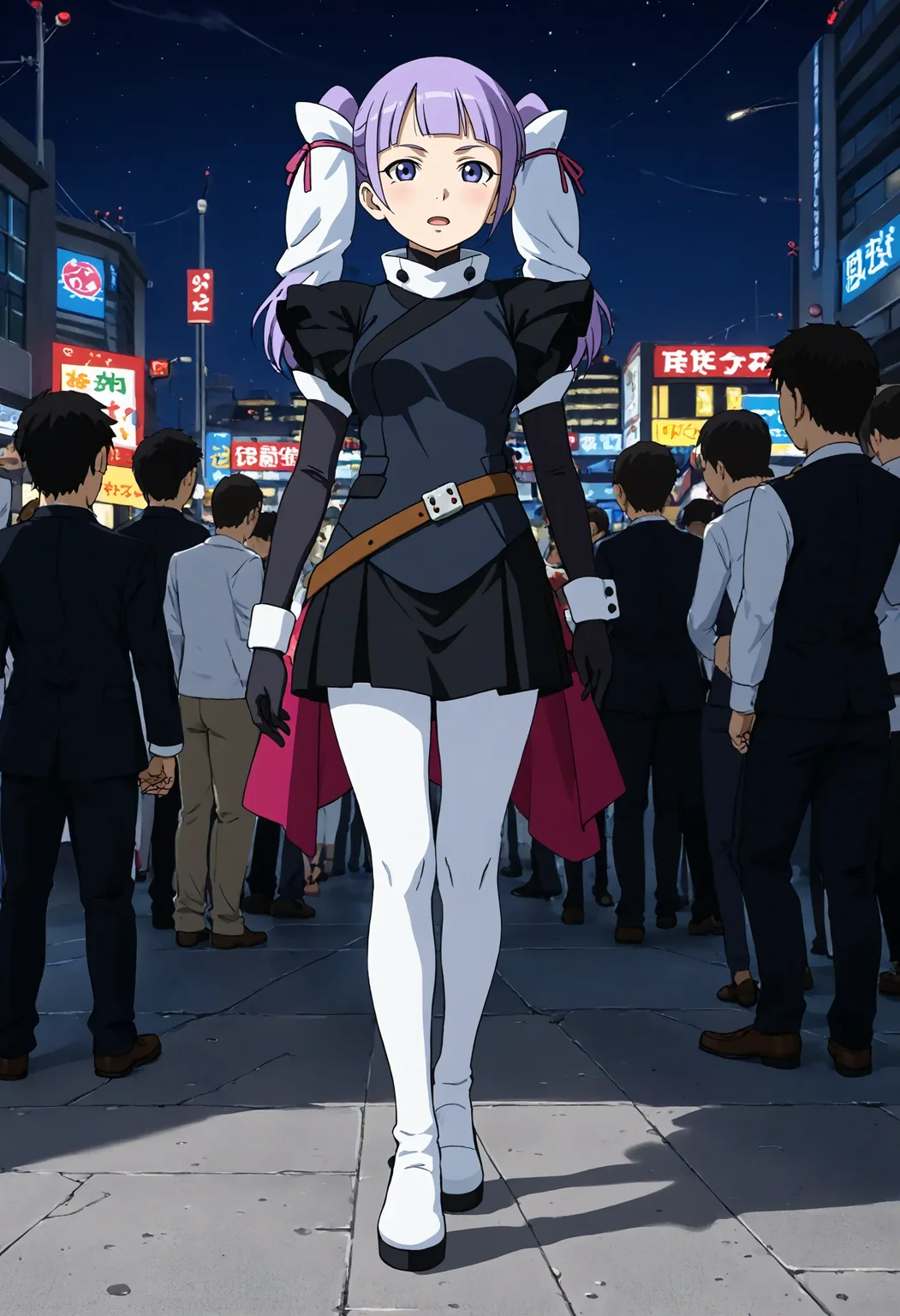 <lora:Hyper-SDXL-8steps-lora:1> <lora:Fixhands_anime_bdsqlsz_V1:1> zPDXL2, score_9, score_8_up, score_7_up, source_anime, intricate details, perfect anatomy BREAK
outdoors, city, tokyo, japan, audience, crowd, standing,  hand on own hip,  hand up, contrapposto, Neutral, A relaxed facial expression with a slightly open mouth., 1girl, solo, solo focus, 
<lora:GAGE-fram_nara_XL(pony)v10:1> GAGE-fram, purple hair, twintails, hair ornament, purple eyes, GAGE-fram outfit, black dress, white wrist cuffs, black gloves, black skirt, white pantyhose, black legwear, white shoes,