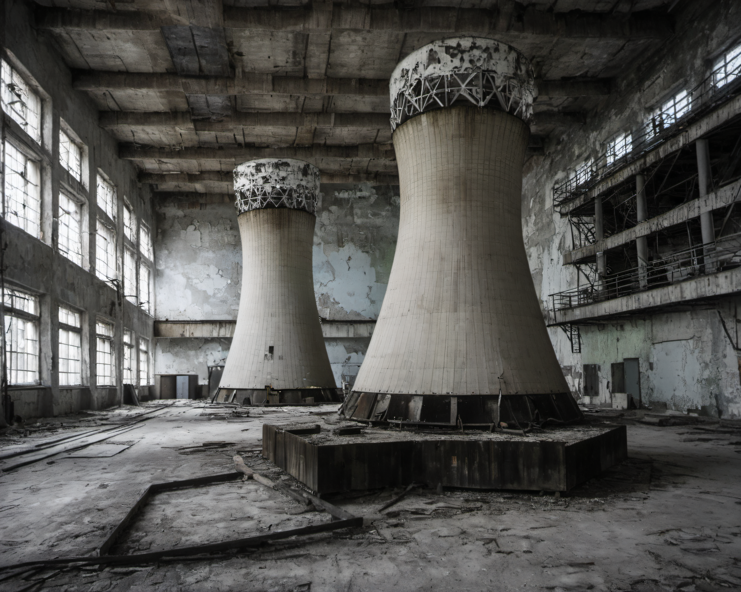 best quality, realistic, vray, hdr, on a post-apocalyptic power plant, still turbines, broken control room, crumbling cooling tower., by August Sander, Chern4byl enviroment  <lora:Chenorbyl_v1:0.8>