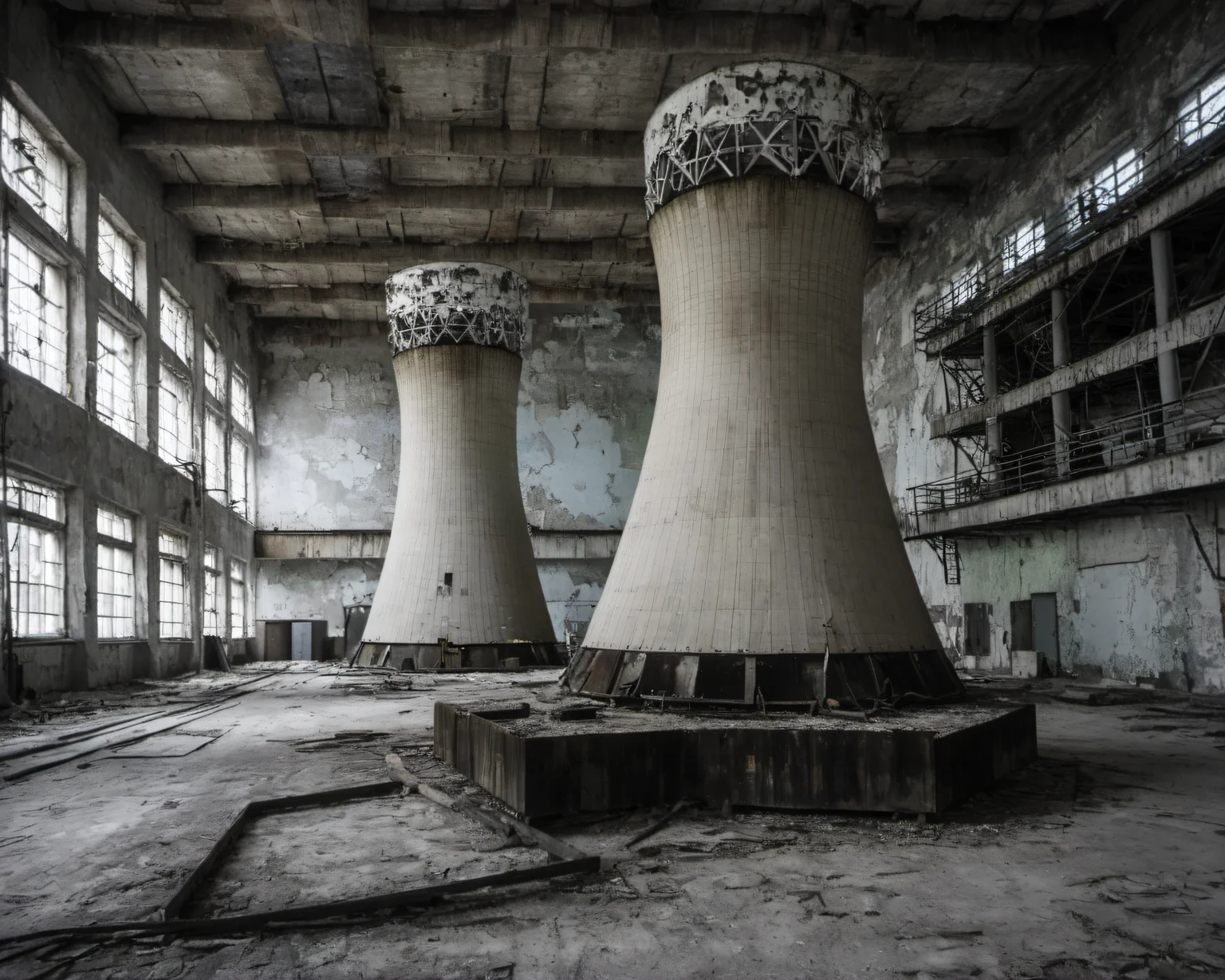 best quality, realistic, vray, hdr, on a post-apocalyptic power plant, still turbines, broken control room, crumbling cooling tower., by August Sander, Chern4byl enviroment <lora:Chenorbyl_v1:0.8>