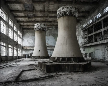 best quality, realistic, vray, hdr, on a post-apocalyptic power plant, still turbines, broken control room, crumbling cooling tower., by August Sander, Chern4byl enviroment  <lora:Chenorbyl_v1:0.8>