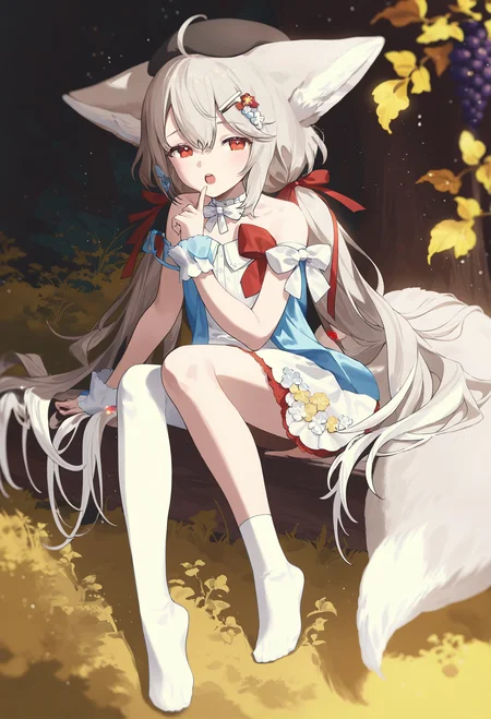 1girl, sakurada shiro \(autumn lite\) \(hy plus\), sakurada shiro \(hy plus\), original,
ahoge, animal ear fluff, animal ears, asymmetrical legwear, bare shoulders, beret, black hat, bow, bowtie, braid, brown eyes, brown hair, collar, collarbone, dress, feet, finger to mouth, floral print, food, fox ears, fox girl, fox tail, fruit, full body, grapes, hair between eyes, hair ornament, hairclip, hat, large ears, large tail, legs, long hair, low twintails, nature, no shoes, off-shoulder dress, off shoulder, open mouth, outdoors, red bow, red eyes, red ribbon, ribbon, short dress, side braid, single sock, single thighhigh, sitting, socks, solo, tail, thighhighs, twintails, uneven legwear, very long hair, virtual youtuber, white bow, white collar, white dress, white hair, white socks, white thighhighs,
.
best quality, very aesthetic, absurdres
<lora:fajyoborefornoob:0.95>