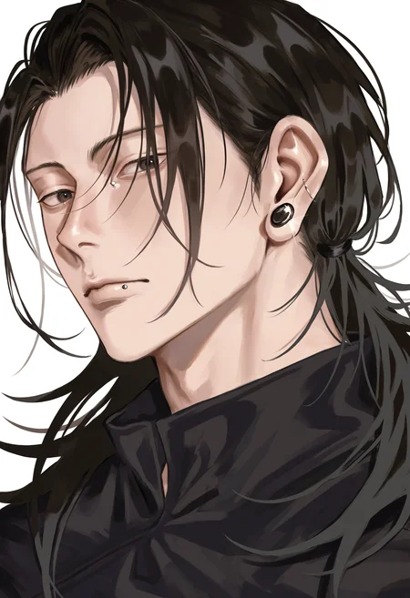 masterpiece, highres, absurdres, newest, very awa, painting \(medium\), white background, portrait, black hair, 1boy, male focus, solo, long hair, white background, looking at viewer, black eyes, closed mouth, simple background, black shirt, piercing, shirt, ear piercing, earrings, jewelry, portrait, getou suguru, <lora:spo_sdxl_10ep_4k-data_lora_webui>, <lora:NOOB_EPSv1_1_detailer_by_vlnvk_v1_0:0.5>, <lora:illustrious_noobai_epsilon_pred_1_best_quality_v1:0.7>, <lora:noobai_ep11_stabilizer_v0.30_fp16:0.4>, <lora:ndsoda:0.85>,