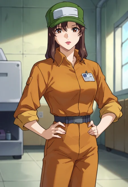 score_9,score_8_up,score_7_up,score_6_up,score_5_up,score_4_up,anime coloring BREAK source_anime,<lora:Murrue_Ramius_Gundam_SEED_Pony:0.7>,murrue,1girl,solo,brown eyes,brown hair,long hair,lipstick,green cap,(jumpsuit:1.2),sleeves rolled up,standing,hands on hips,indoors,factory,looking_at_viewer,