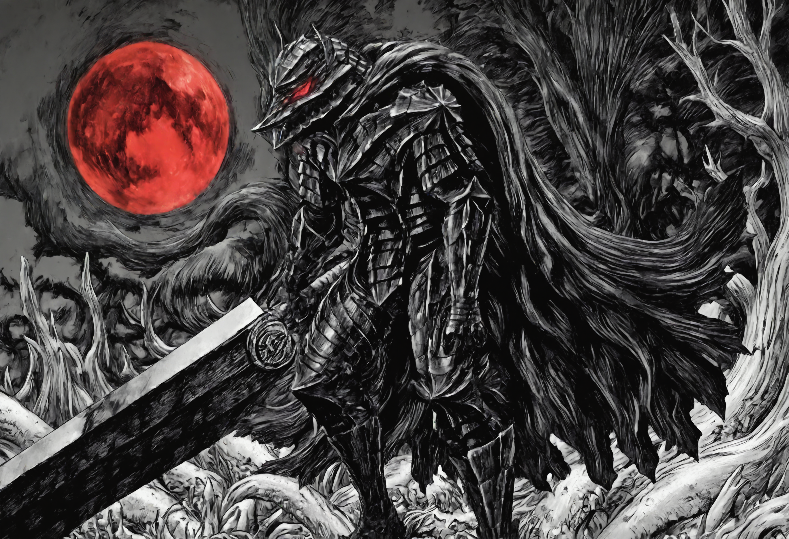 kentaro_miura_style, XUER guangying, monochrome, greyscale,,guts \(berserk\), berserk armor, 1boy, solo, cape, helmet, red eyes, holding weapon, giant sword, red moon, red blood, brand, carcass, residual body, flesh and blood, the atmosphere of terror,masterpiece, best quality, newest, absurdres, highres, very awa, detail pupil, detail background <lora:None:1.0> <lora:ä¸æµ¦å¥å¤ªé-Kentaro_Miura_(Berserk)_style_illustriousXL:1.0000000000000002> <lora:DNFé£æ ¼-Dungeon_&_Fighter_style_(DNF_style&DFO_style)_Style-Noob:0.5000000000000001> <lora:åæ¶æå¾åå½±è´¨æå¢å¼ºV3-Xu_Er_thick_paint_composition_light_texture_enhancement:0.20000000000000004> <lora:æ ¼æ¯-Guts-Berserker_Armor:0.8000000000000002>