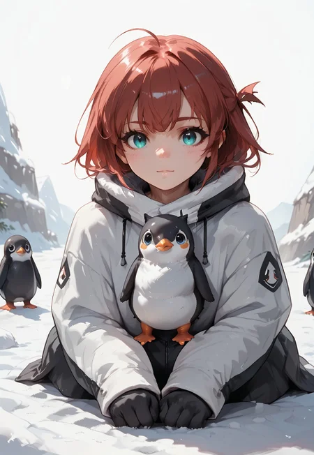 score_9, score_8_up, score_7_up, 1girl, cute penguin, animal, looking at viewer, snow, a penguin that has girl face, weapon on back,