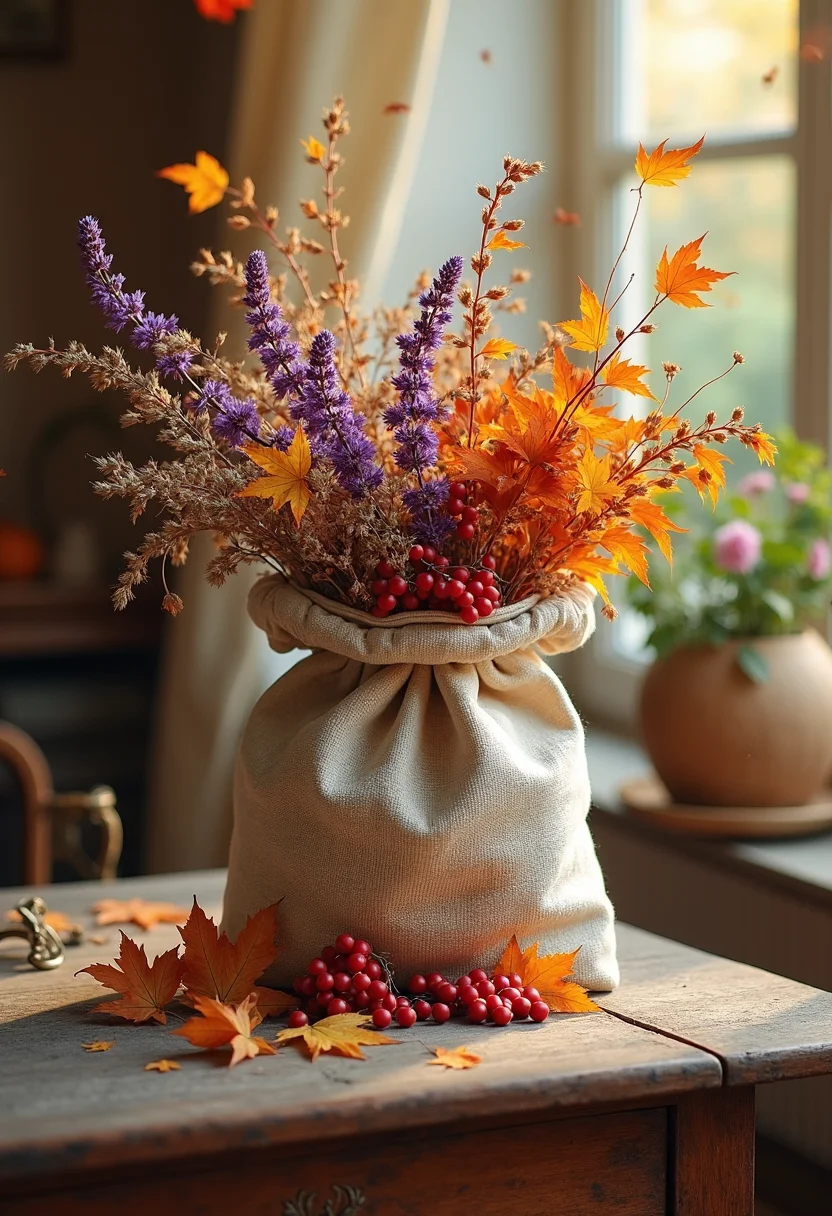 Autumn in detail: a cozy composition of a linen bag with rowan berry clusters and purple chrysanthemums on an antique wooden table. The double exposure collage highlights the beauty of an autumn garden, where a light breeze plays with falling leaves, creating a picturesque landscape of high resolution and detail. Lvitsa's art embodies the aesthetic pleasure and warmth of the passing season.