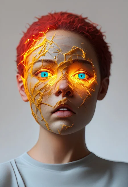 Van Gogh: A woman with vibrant red hair and swirling brushstrokes, bathed in the warm glow of a starry night. oil painting, <lora:rough-oil-sat-mega-adam-e:1.25> all high definition, cinematic, truly real scene, 8k, expression of happiness, tranquility, very beautiful, very well-formed body, looking at the camera, blue eyes., electricity, glowing, portrait, colored skin, grey background, teeth, simple background, yellow eyes, skin made of electrical cables, clothing made from electrical cables, floating, indoors, wires, made of wires, cables, outlined with wires, wire sculpture, neon wire sculpture, gradient overlay, PonyXLV6_Scores