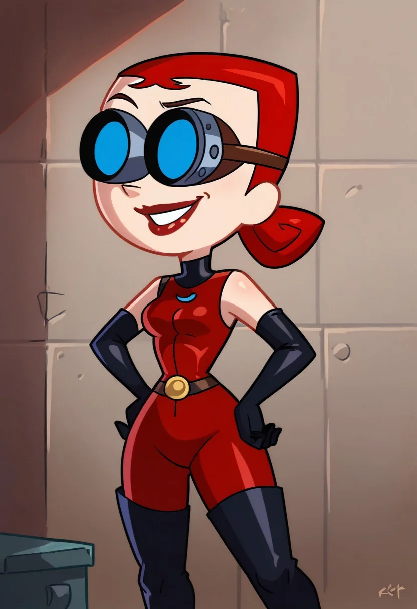 score_9, 1girl, solo, major dr ghastly, red hair, blue eyes, lipstick, goggles, red bodysuit, sleeveless, black elbow gloves, black thigh boots, cowboy shot, hands on hips, smile