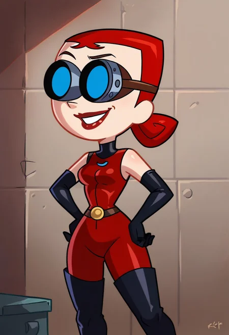 score_9, 1girl, solo, major dr ghastly, red hair, blue eyes, lipstick, goggles, red bodysuit, sleeveless, black elbow gloves, black thigh boots, cowboy shot, hands on hips, smile