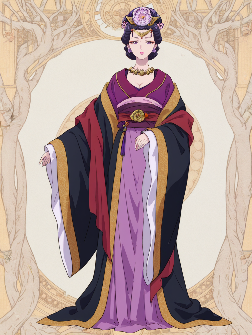 1girl,full body, 
ywanshi,purple hair,hair bun,updo,purple eyes,red eyeshadow,pink lips,flower earrings,forehead jewel,hair ornament,hair flower,necklace,purple hanfu,red shawl,black robe,pink skirt,wide sleeves,red sash,
,<lora:ywanshi_noob:1>