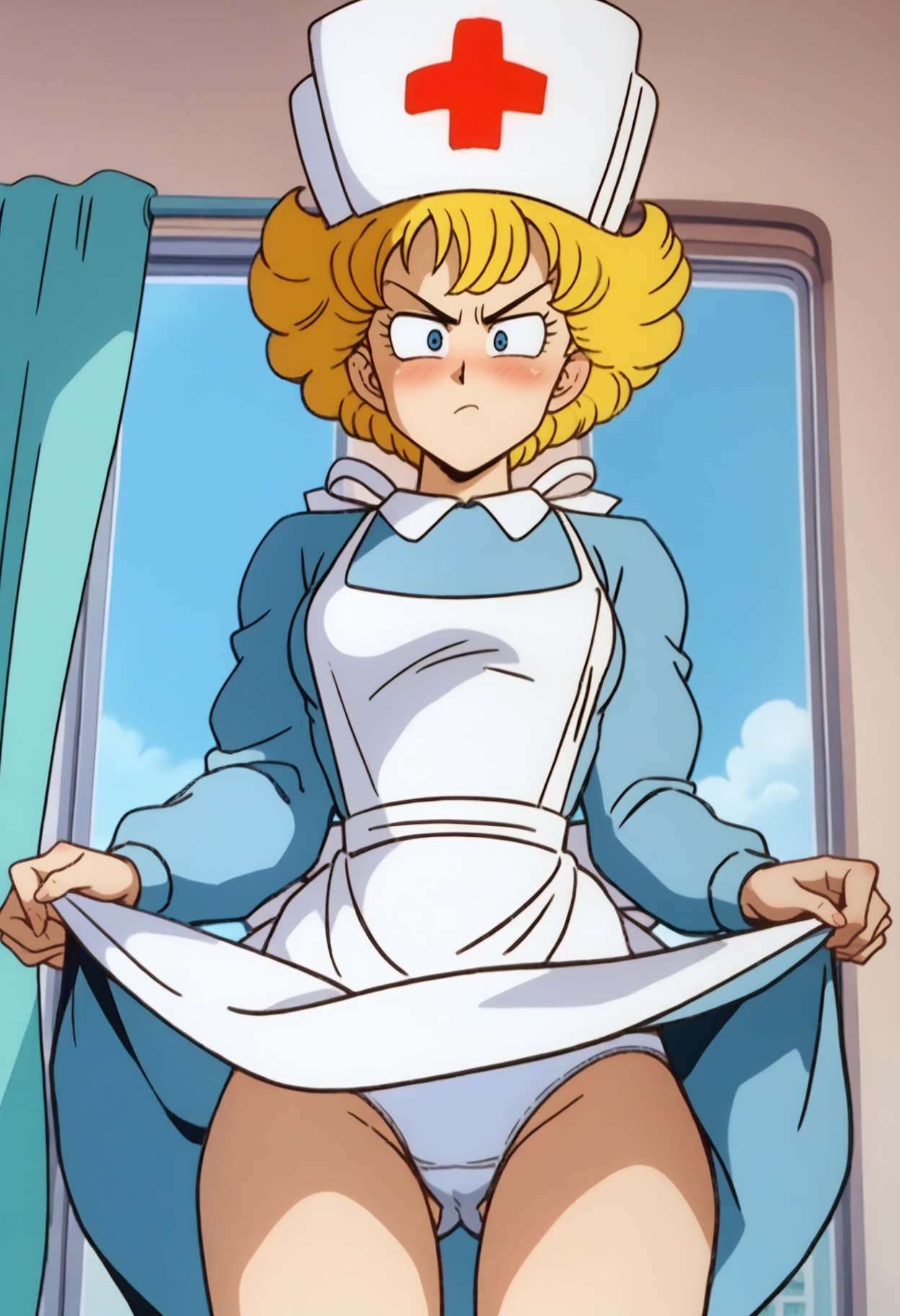 score_9, score_8_up, score_7_up, score_6_up, anime screencap, anime coloring, <lora:DBExtraGirlNur_epoch_7:0.9>, DBExtraGirlNur, 1girl, solo, blonde hair, short hair, blue eyes, 
nurse, nurse cap, blue dress, long sleeves, white apron,
looking at viewer, disgust, blush, from below, dress lift, white panties, apron lift, ass visible through thighs, 
BREAK window, blue sky, sunbeam, cityscape, indoors,