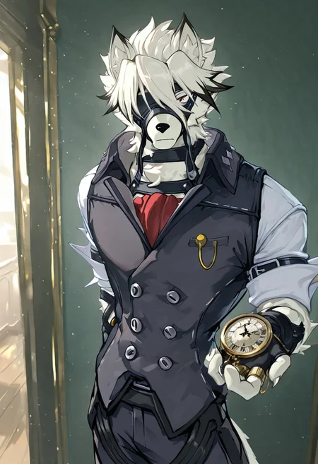 masterpiece, best quality, amazing quality, very aesthetic, absurdres, newest, high quality, detailed, male, solo male, Von Lycaon, 1boy, mature male, male, athletic build, anthro, wolf, animal ears, white fur, red eyes, white hair, black tipped bangs and ears, broad shoulders, white collared dress shirt, grey collared vest, red tie, rolled up sleeves, black belts around forearms, dark grey slacks, black fingerless gloves, gold rings, gold pocket watch, eyepatch over right eye, standing, half body, looking at pocket watch in hand, checking time, stern expression, one arm behind back, gentleman, butler, indoors, lavish room, office, volumetric lighting