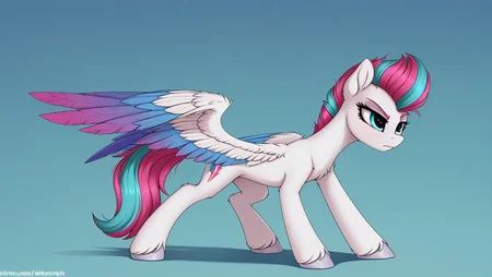 resolution,masterpiece,high resolution,(SOLO:1.2) my little pony,friendship is magic,wild,detailed background,<lora:zipp_storm:1> Zipp Storm pony, pegasus, white body, eyes, silver hooves, long wings with blue and purple feathers, purple mane with pink and turquoise strands combed back covered with gel, Her tail is the same color and medium length, blue eyes, pink eyebrows,fighting stance,abstract background,simple background,detailed Cutie Mark,<lora:TFH31:1>,