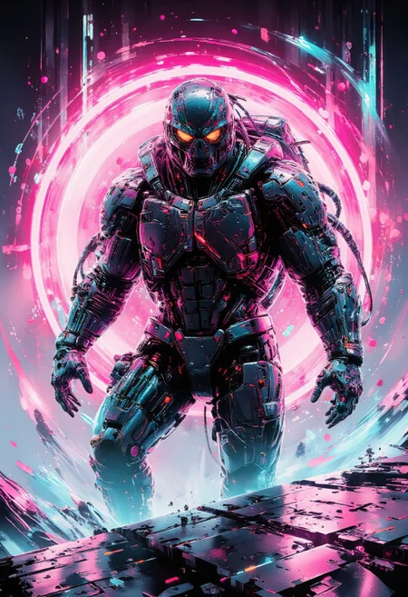 Inkpunk Anime, silhouette art, ck-rw, in the style of ck-rw,, a_skynet_cyberdyne_systems_craft, the image is featuring a robotic cyberpunk great white shark, titanium and chrome, robot wires and circuitry, robot joints, glowing lights, silhouetted, chiascuro, glowing eyes, abstract surreal neon-hued background
