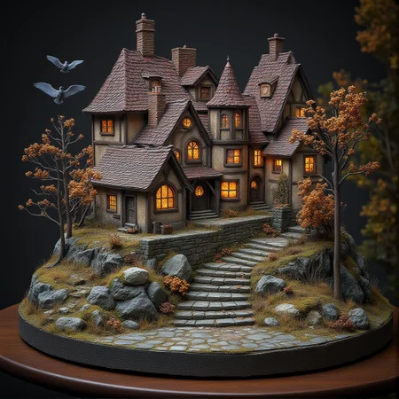This is a miniature diorama that recreates a town lined with old buildings reminiscent of Medieval Europe, and a world where young, beautiful witches fly through the sky on broomsticks. It is placed next to a grimoire. Each roof and wall is carefully weathered, and professional lighting gives it an indistinguishable finish from the real thing.
<lora:Flux.1_Turbo_Detailer:0.7>, <lora:Diorama_Flux:0.9>