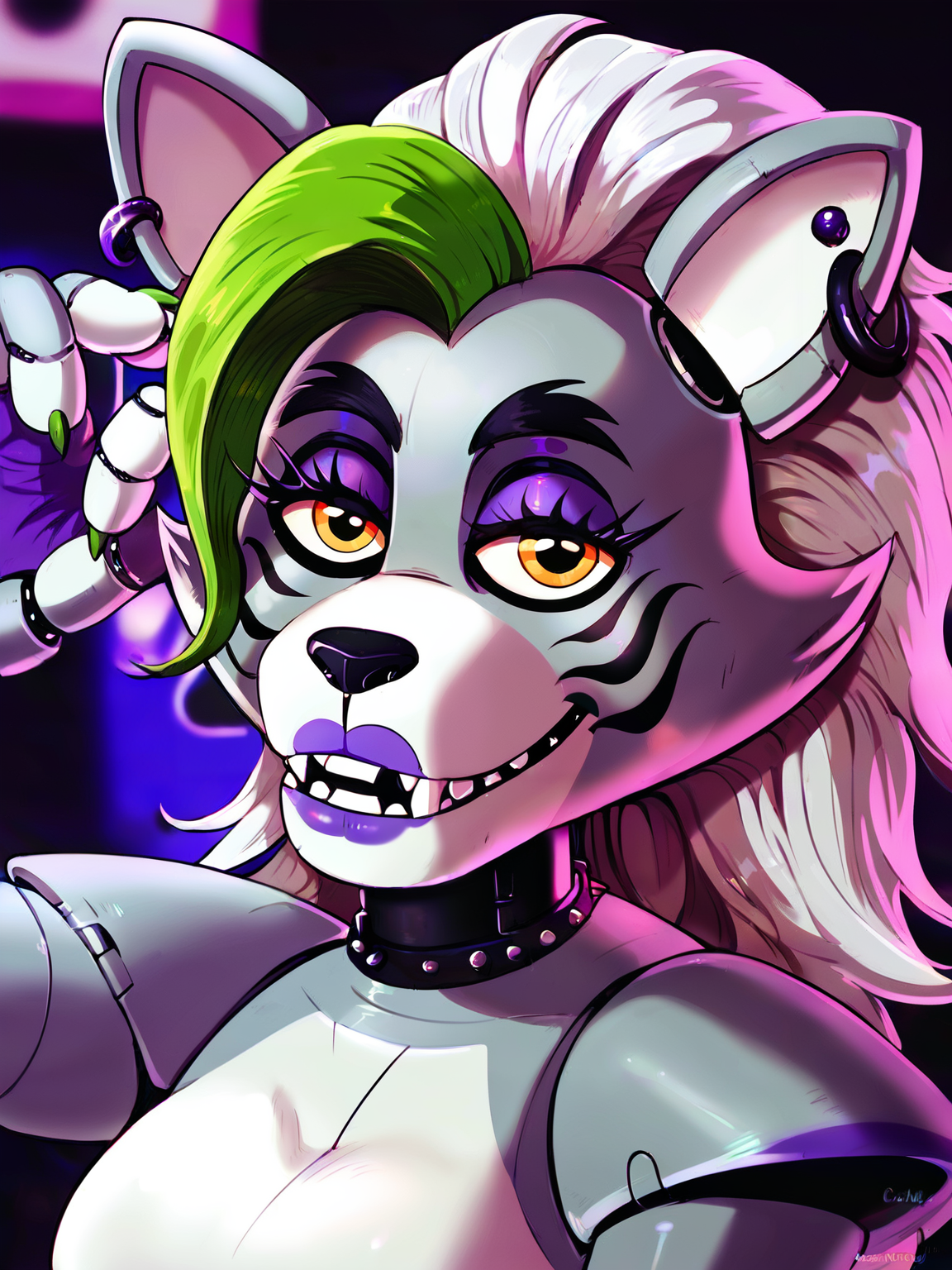 <lora:Roxy:0.5> ro_xy, 1girl, animatronic wolf, gray skin, bright yellow eyes, purple lipstick, long and silver hair with green streak,  piercing in the ears,                    <lora:shadman_style_v4:0.9>, score_9, score_8_up, score_7_up,