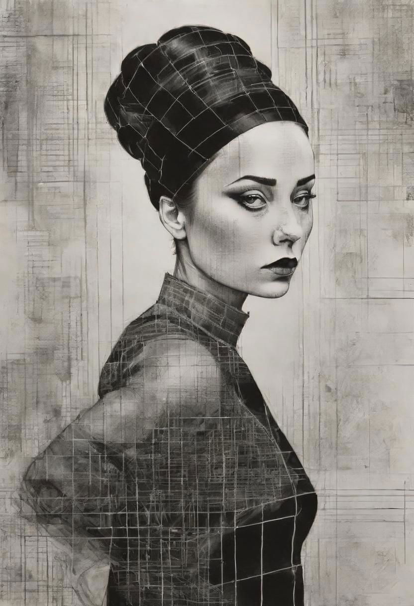 rough crosshatch drawing pop surrealism pop art Lunatic_Portrait of a girl in latex, slick back, low bun, black makeup, tj