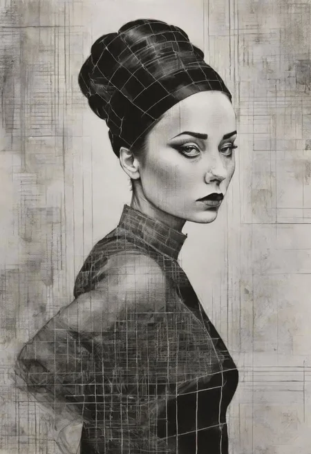 rough crosshatch drawing pop surrealism pop art Lunatic_Portrait of a girl in latex, slick back, low bun, black makeup, tj