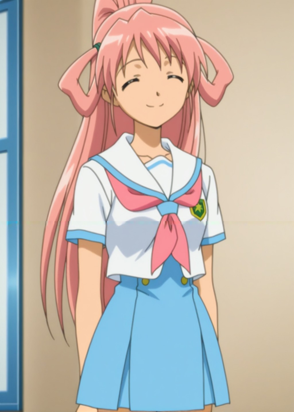 <lora:Seri_Illustrious_from_Jinkou_Shoujo_Henshin_Sex_Android:1>,Seri,Anime screencap,anime coloring, 1 girl, pink hair, hair wheel, school uniform, standing smile