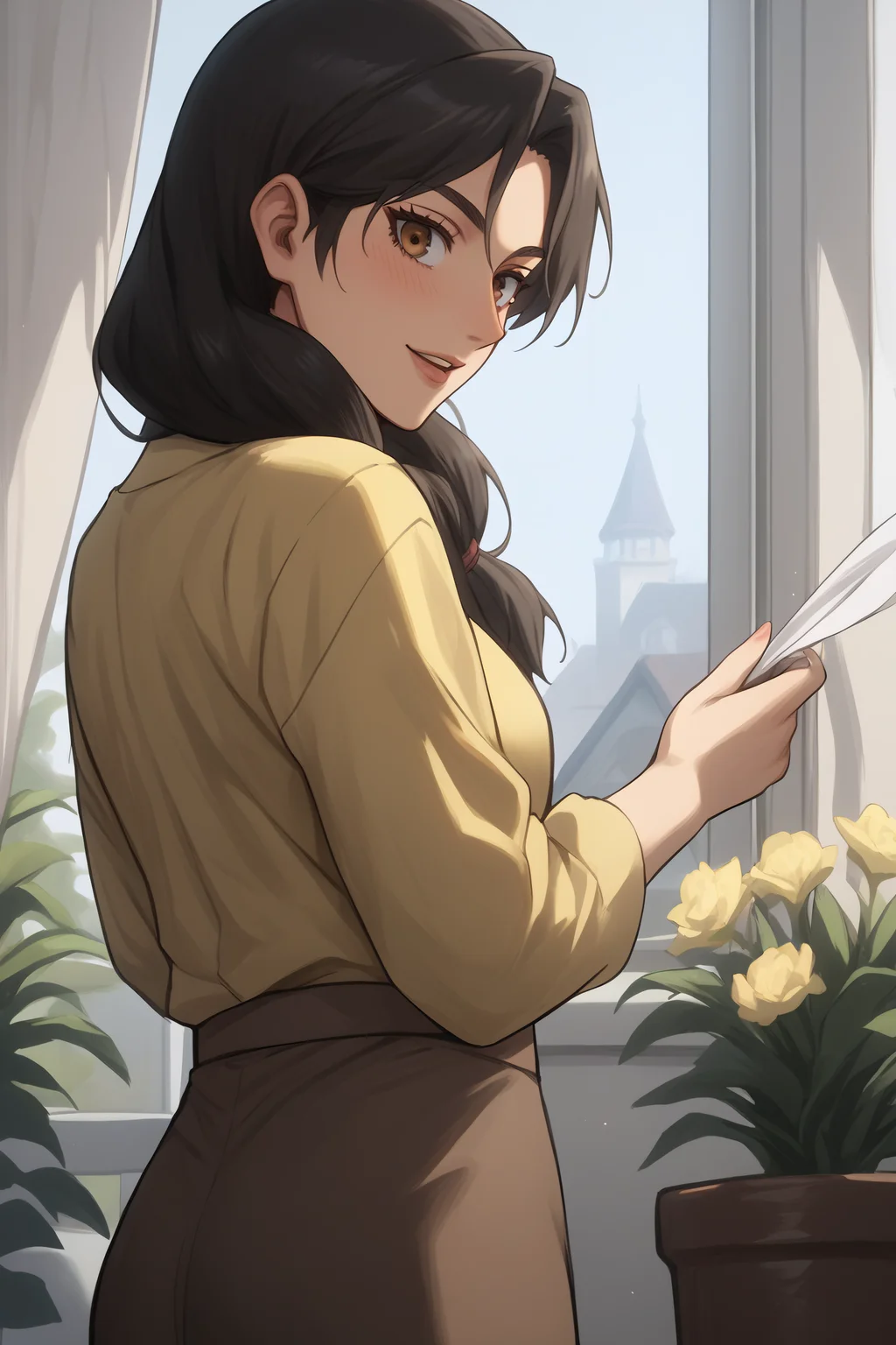 score_9, score_8_up, score_7_up, BREAK source_anime, <lora:carla yeager-PonyXL-lora-Faxtron:0.8> carla yeager, tucked-in yellow shirt, long sleeves, brown skirt,