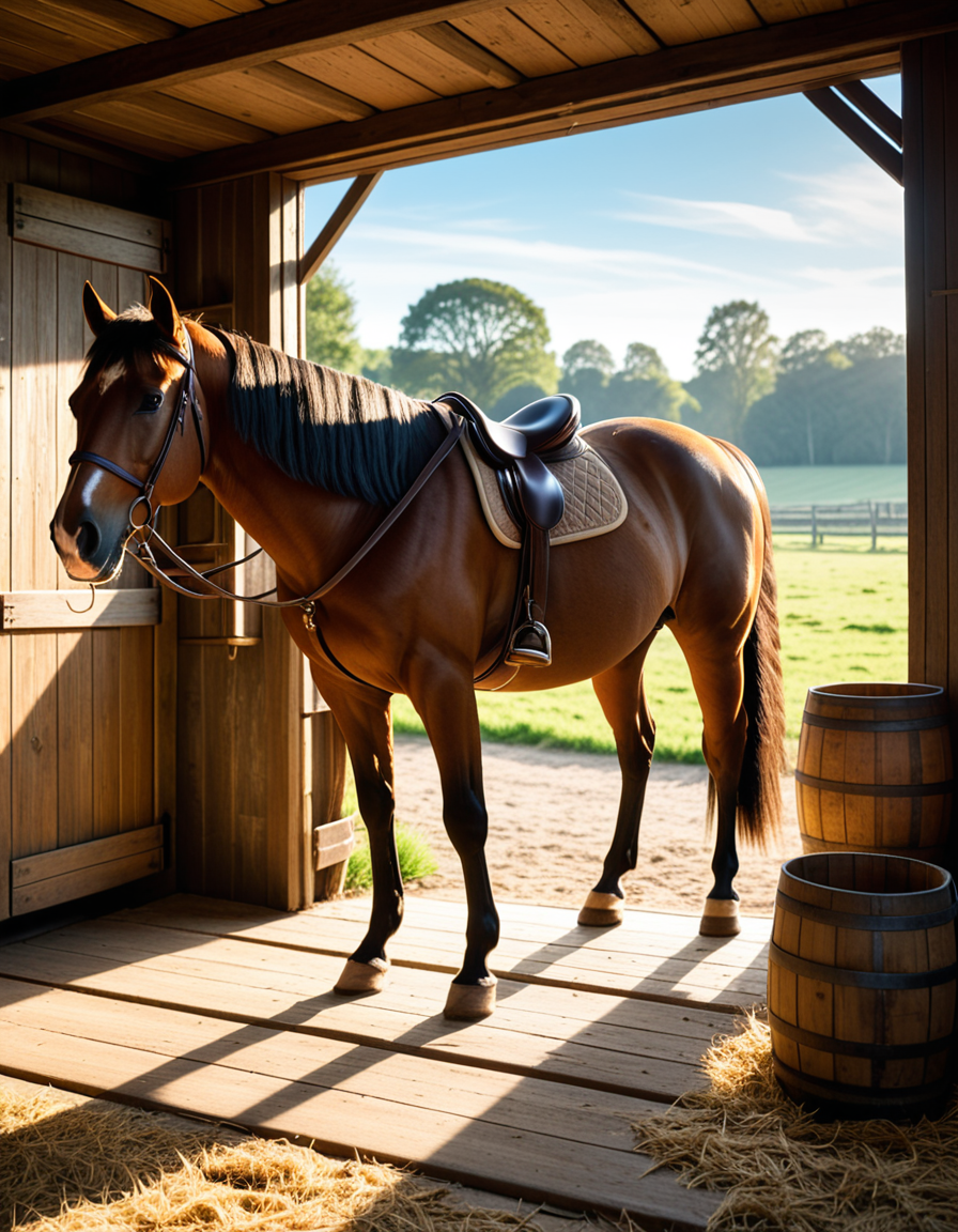 A rustic horse stable in the countryside, built with aged wooden beams and stone foundations, bathed in warm golden sunlight. The stable doors are slightly open, revealing the soft hay-covered floor inside. Horses stand calmly in their stalls, their glossy coats catching the light. Dust particles float in the air, illuminated by the sunbeams filtering through the gaps in the wooden planks. The atmosphere is serene, with a vintage, timeless feel. Weathered saddles and bridles hang neatly on the stable walls, and an old wooden cart sits nearby. The background features rolling green fields and a clear blue sky, creating a peaceful rural setting. Ultra-detailed, photorealistic, warm tones, cinematic lighting, sharp textures.
<lora:SDXLFaeTastic2400:0.4> <lora:extremely_detailed:0.4> extremely detailed,<lora:rustic_horse_st4bl3:1>,rustic horse st4bl3, Masterpiece,best quality,hi res,8k,hi res,8k,award winning,(sharp focus, intricate, highly detailed),