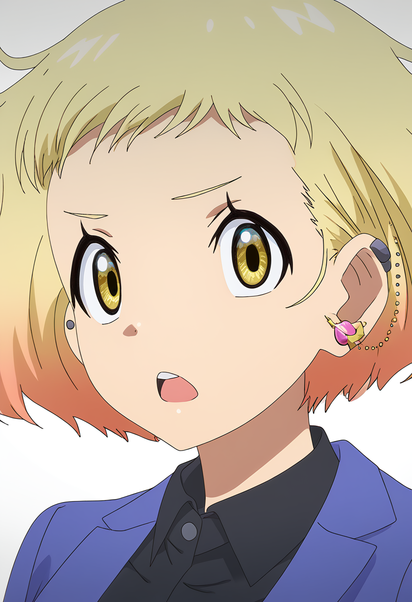 <lora:Mario_NACHI:1>,
Mario_NACHI_\(Medalist\),solo,blonde hair,short hair,earrings,open mouth,jewelry,yellow eyes,black shirt,shirt,jacket,white background,multicolored hair,upper body,simple background,looking at viewer,collared shirt,blue jacket,stud earrings,ear piercing,piercing