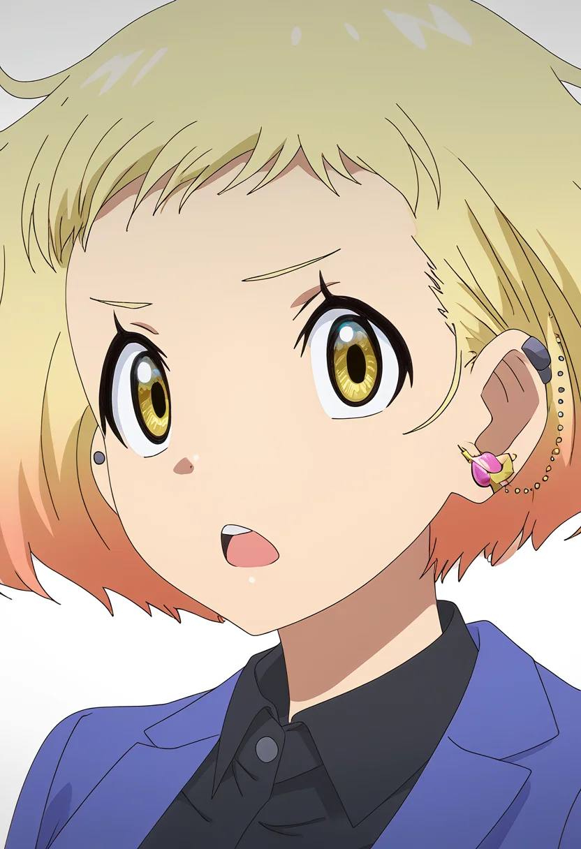 <lora:Mario_NACHI:1>,
Mario_NACHI_\(Medalist\),solo,blonde hair,short hair,earrings,open mouth,jewelry,yellow eyes,black shirt,shirt,jacket,white background,multicolored hair,upper body,simple background,looking at viewer,collared shirt,blue jacket,stud earrings,ear piercing,piercing