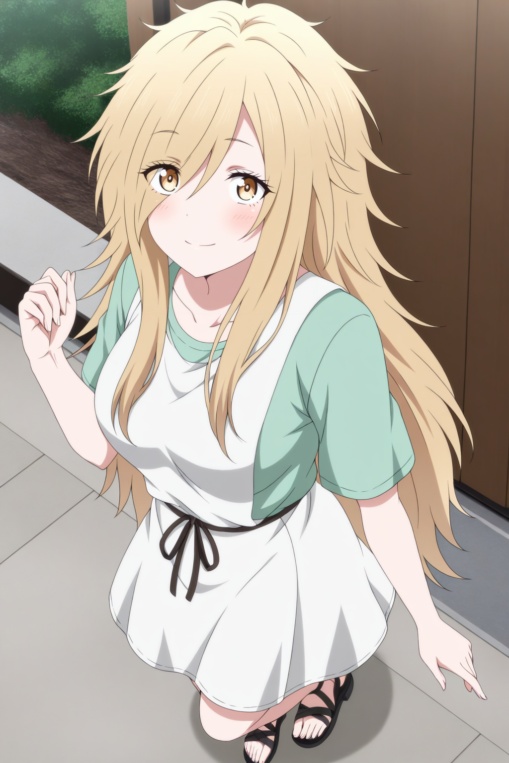 masterpiece, best quality, amazing quality, very aesthetic, absurdres, ultra detailed,
<lora:il_contrast_slider_d1 (Ð¦ÐÐÐ¢ ÐÐÐ Ð¢ÐÐÐÐ):-0.8>
<lora:Fuyune Koujiya:0.8> fuyune_koujiya, 1girl,
green T-shirt, white dress, black sandals,
portrait, smile,
view from above, body is visible, medium breasts are visible from under the shirt,,