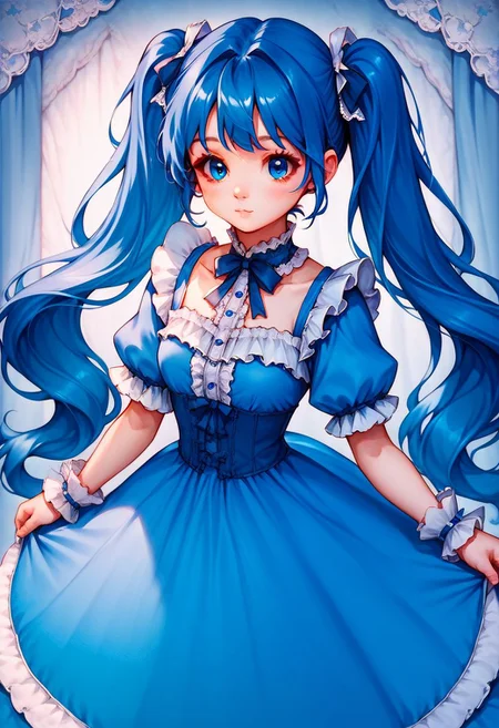 score_9, score_8_up, score_7_up,cute girl, blue hair, twintails, blue eyes, blue dress, frills, lace,cutestyl3