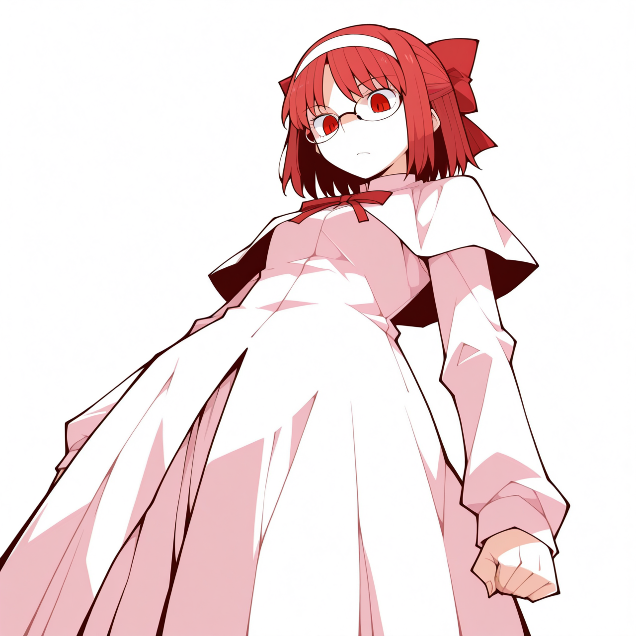 1girl, solo,
Akiha Tohno, Tsukihime , 
 simple background, white background, (from below :1.3) curious   pose, (standing , looking down ,
,
 <lora:DarkfireStyle19:1.25>