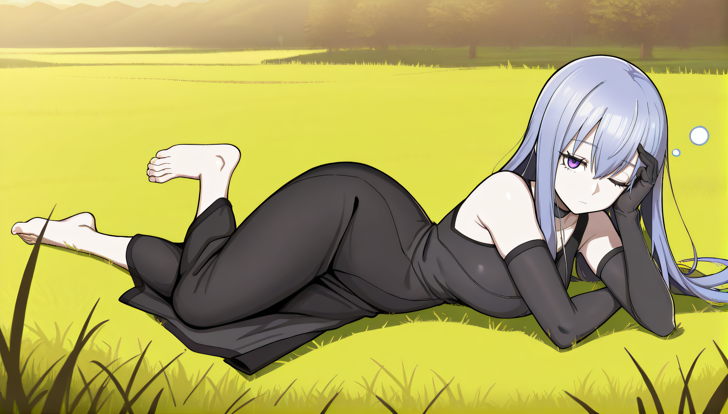 masterpiece, best quality, highres, newest, scenary, 1girl, solo, official style, <lora:Close:1>, liberatorclose, black choker, black sleeveless dress, black elbow gloves, expressionless, looking at viewer, barefeet, full body, five toes, detailed feet, lying on grass, one eye closed, hand on eye, outdoor, sleepy