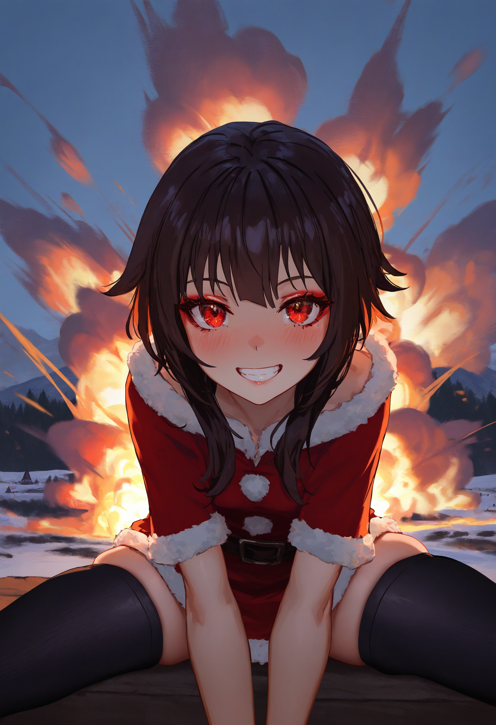 by [lack|fuzichoco|lam|kinta \(distortion\)|wlop|quasarcake|nixeu|happoubi jin|miyajima reiji],
1girl, megumin, short hair, solo, blush, blush, black thighhighs, skindentation, santa costume, makeup, eyeshadow, colored eyelashes, looking at viewer, grin, cake, strawberry, whipped cream, explosion, outdoors, snow,
impasto, vignetting, chiaroscuro, masterpiece, best quality, very aesthetic, absurdres
<lora:illustrious_noobai_epsilon_pred_11_christmas_collection_v1:1>