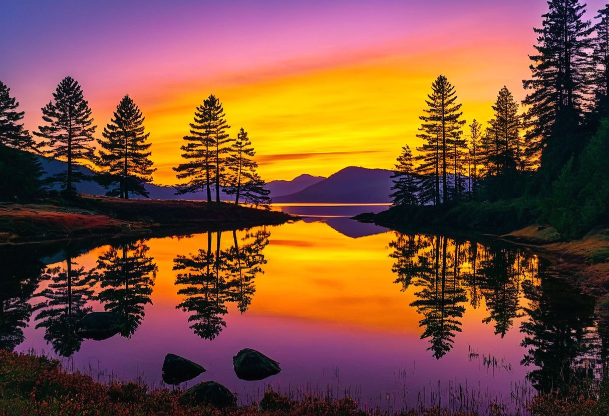 a strikingly vibrant sunrise scene over a mountain lake. The sky is dominated by intense shades of orange and purple, creating a surreal and dramatic backdrop. The sun, partially risen, appears as a bright yellow semicircle near the horizon, casting a warm glow across the scene. Silhouetted against this colorful sky are several tall, slender pine trees with dense foliage. These trees are positioned along a narrow strip of land that separates the lake from a meadow in the foreground. The water in the foreground is perfectly calm, acting as a mirror that reflects the vivid colors of the sky and the dark silhouettes of the pine trees. This reflection creates a symmetrical and visually captivating effect, enhancing the sense of tranquility and beauty in the scene. The overall image captures the essence of a serene mountain landscape at sunrise, with the dramatic color palette and serene composition evoking a sense of calm and wonder.