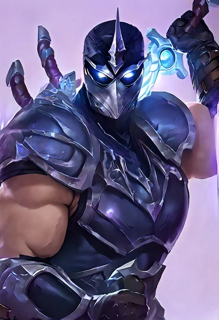 score_9, score_8_up, score_7_up, score_6_up, score_5_up, score_4_up, source_anime, Shen, solo, looking at viewer, blue eyes, simple background, gloves, 1boy, holding, upper body, weapon, male focus, horns, black gloves, sword, holding weapon, armor, bodysuit, mask, glowing, holding sword, helmet, shoulder armor, gauntlets, glowing eyes, single horn, purple background, breastplate, black bodysuit, white eyes, knight, full armor, black armor, tokusatsu, broad shoulders, muscular, huge pecs, huge traps, shocked expression