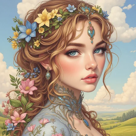 ArsMJStyle, Watercolor Portrait in Art nouveau style on a Whimsical Landscape in the background