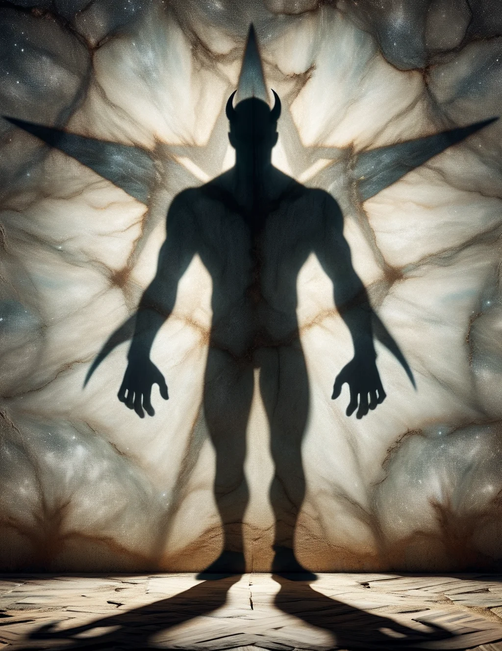 DonM5h4d0w5XL shadow on a star stuff wall, skinwalker, <lora:DonM5h4d0w5XL-000010:1>
