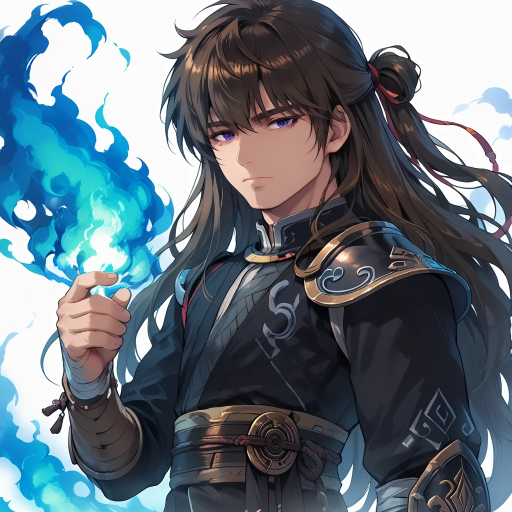 score_9:2, score_8_up, score_7_up, score_6_up, score_5_up, score_4_up, score_3_up, source_anime,
a boy(mseunwol, bishounen, muscular, brown hair, long hair, hair ribbon, bangs, purple eyes, black clothes, bandaged arm, bracer, looking at viewer, long eyelashes, expressionless, half-closed eyes, shoulder pad, obi, ),
solo, simple background, upper body, dutch angle, from side, from below, floating hair, blue fire, spirit flame,
<lora:Shade_Eunwol__Moonbeam_MapleStory_-_PonyXL_LoRA:1>