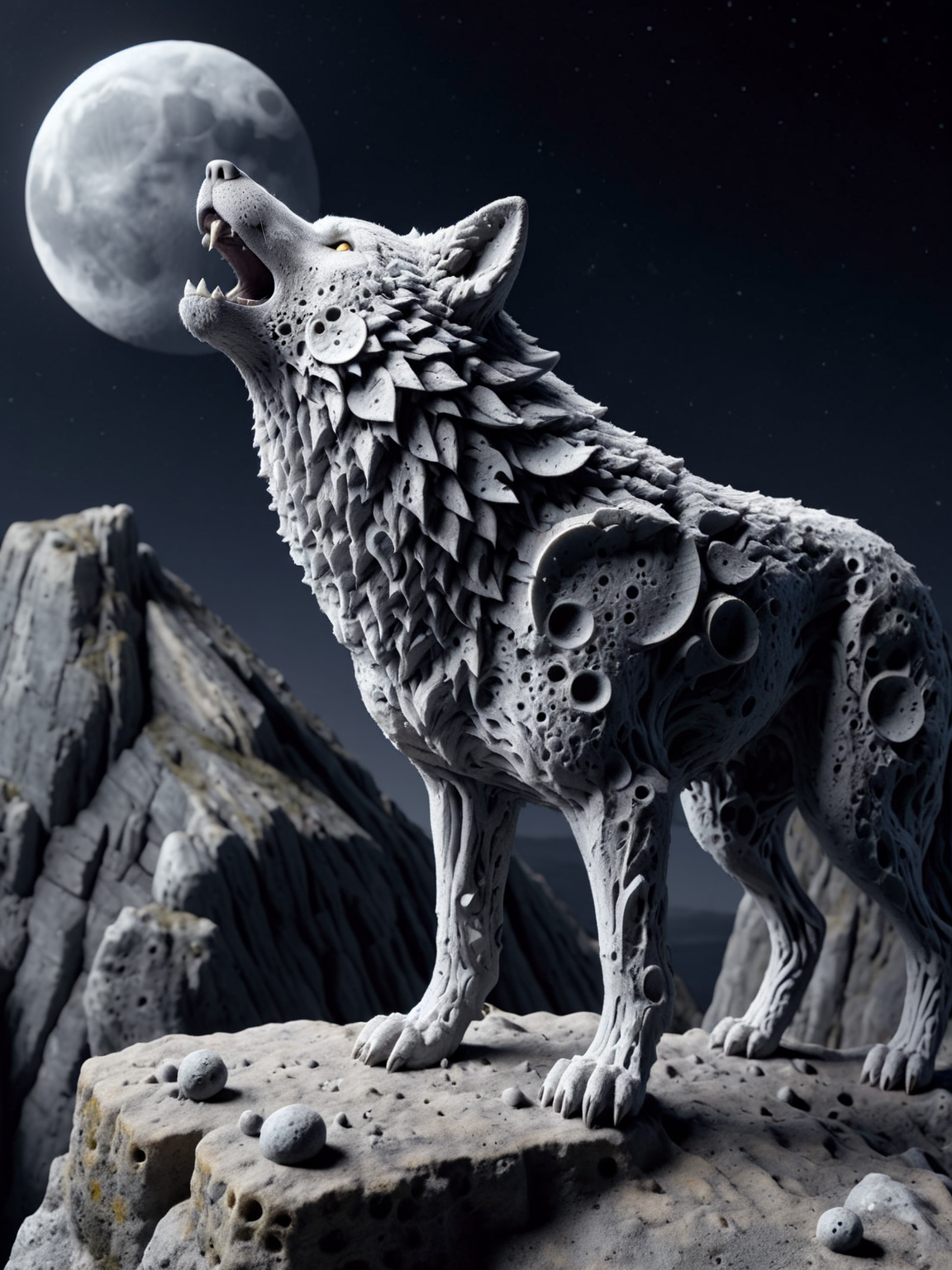 <lora:Lunar_Surface_SDXL:1> ais-lunar wolf stood on the edge of a cliff howling at the moon