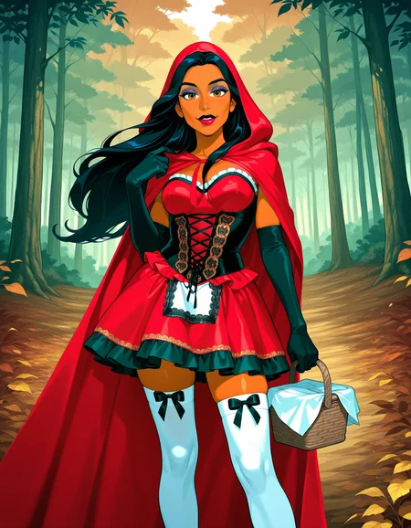 black hair, long hair, brown eyes, dark-skinned female, makeup, lipstick,
outdoors, forest, tree, leaf, wind,
1girl, solo, standing, holding basket, looking at viewer, <lora:costume-redridinghood:1> red dress, corset, hood, cape, elbow gloves, white thighhighs,