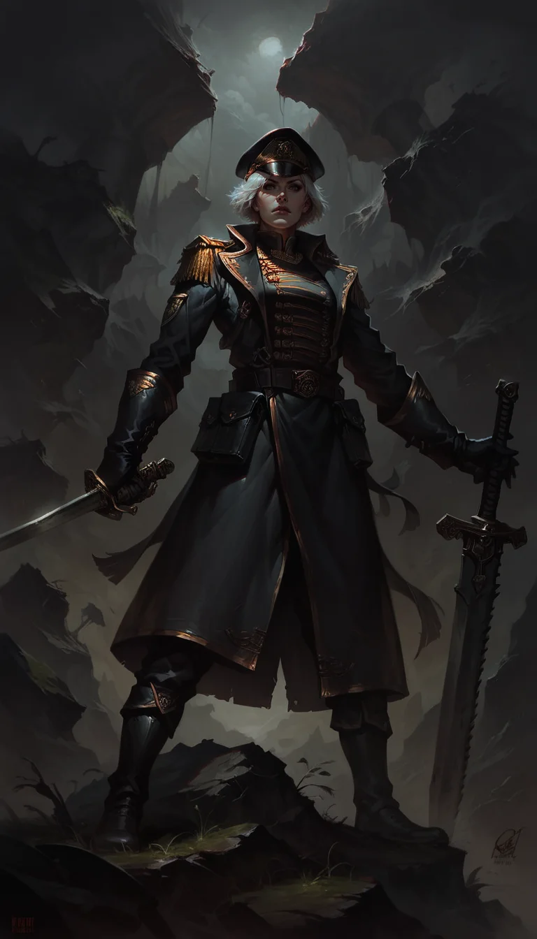 score_9, score_8_up, score_7_up, 1 1girl, detailed face, short white hair, warscape, war, , dynamic pose, in movement, sword, standing on a giant stone, standing on cliff,
from from belov,
<lora:commissar_uniform_WH40K:0.8>, commissar uniform, long coat, commissar hat
<lora:Concept Art DarkSide Style LoRA_Pony XL v6:0.8> concept art, realistic, dark theme, low light,