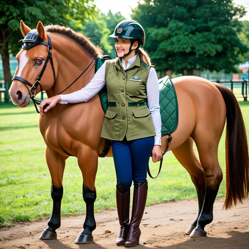 Score_9_up, score_8_up, score_7_up, (masterpiece, best quality, high quality, realistic, ultra detailed), hyperrealistic, (UHD quality details),  Riding_girl, 1girl, standing, contraposto, ponytail, hardhat, green gilet, beige jodhpurs, riding boots,  outdoors, stable exterior, depth of field, 8k uhd, absurd res, volumetric lighting, beautiful composition, intricate detail, professional photography