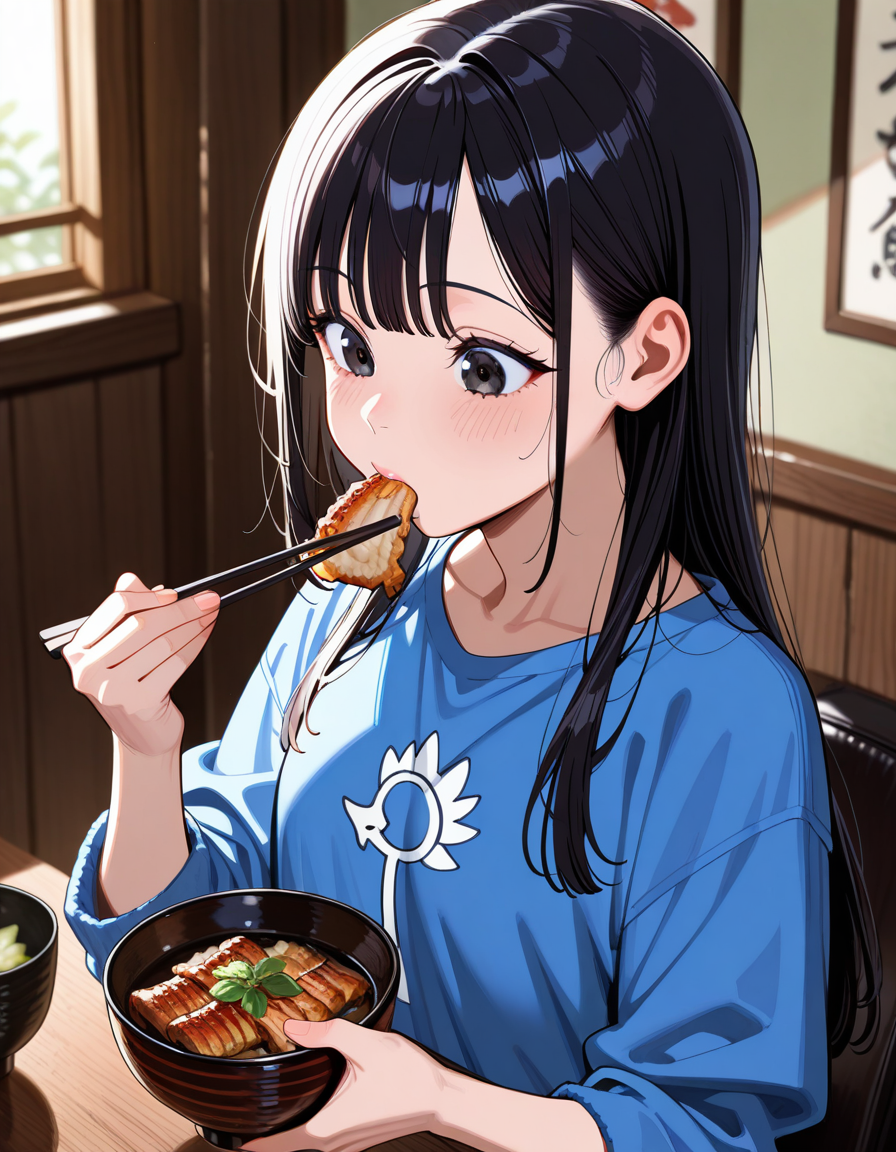score_9, score_8_up, score_7_up, anime, solo, 1girl, one girl,
Black hair, (chest length hair:1.2), Straight Hair, bangs, one tucked behind ear, black eyes, feature large highlight, feature double highlights, shaped eyeblow,
sensitive,
<lora:donburimono:0.8>, donburimono, bowl, eating, chopsticks, unadon,
(masterpiece:1.3), best quality, high resolution, unity 8k wallpaper, (illustration:1.2), 8K,